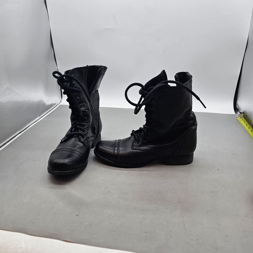 Steve Madden Troopa Black Leather Lace Up Side Zip Combat Boots Size 6